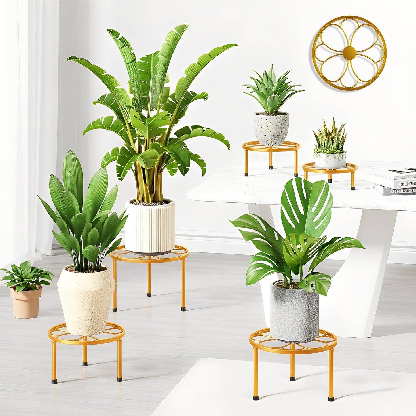 NQW 5-piece set of Metal Plant Potted Flower Racks,Heavy-Duty Flower Pot Plant Racks,Anti-Rust Iron Flower Racks for Indoor and Outdoor Home Garden Patio Decoration(GoldFlower)