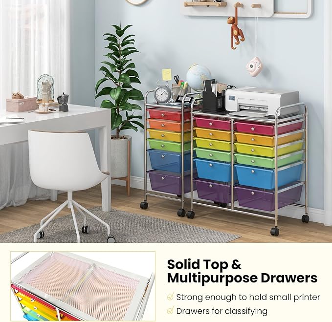 LDAILY 12 Drawer Rolling Storage Cart, Craft Cart Organizer on Wheels w/Metal Frame, Large Capacity & Smooth Drawer, Rolling Cart w/Drawers for Classroom, Office