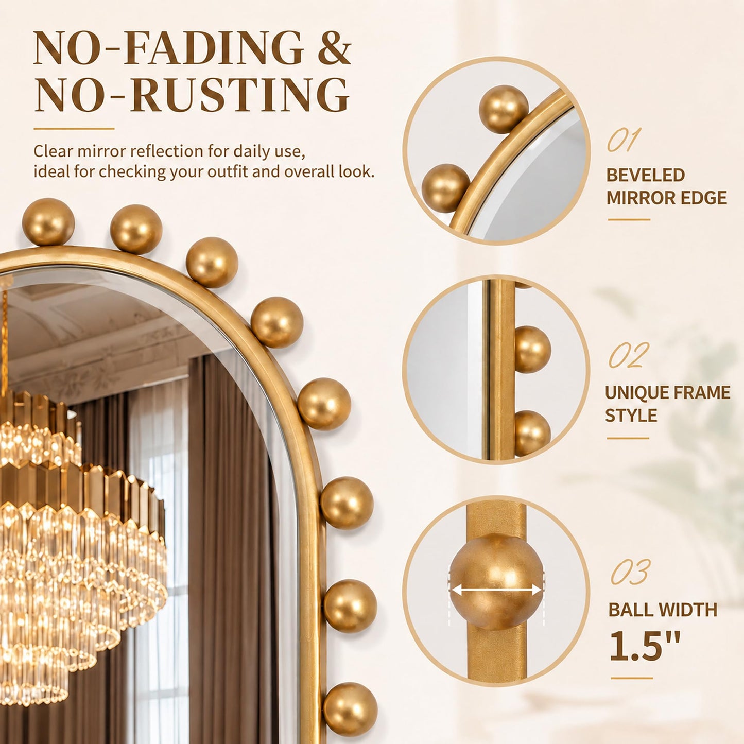 CAVINHOME Oval Full-Length Wall Mounted Mirror 20" x 51", Antique Gold Beaded Beveled Mirror with Ball Frame, Vertical & Horizontal Hanging Wall Mirror for Bathroom, Bedroom, Dressing Room, Entryway