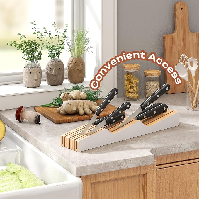 In-Drawer Knife Block Organizer - Bamboo Wood Drawer Knife Organizer-Protecting Knife Organizer Block (Not Included) (White, 7 Knives Dock)