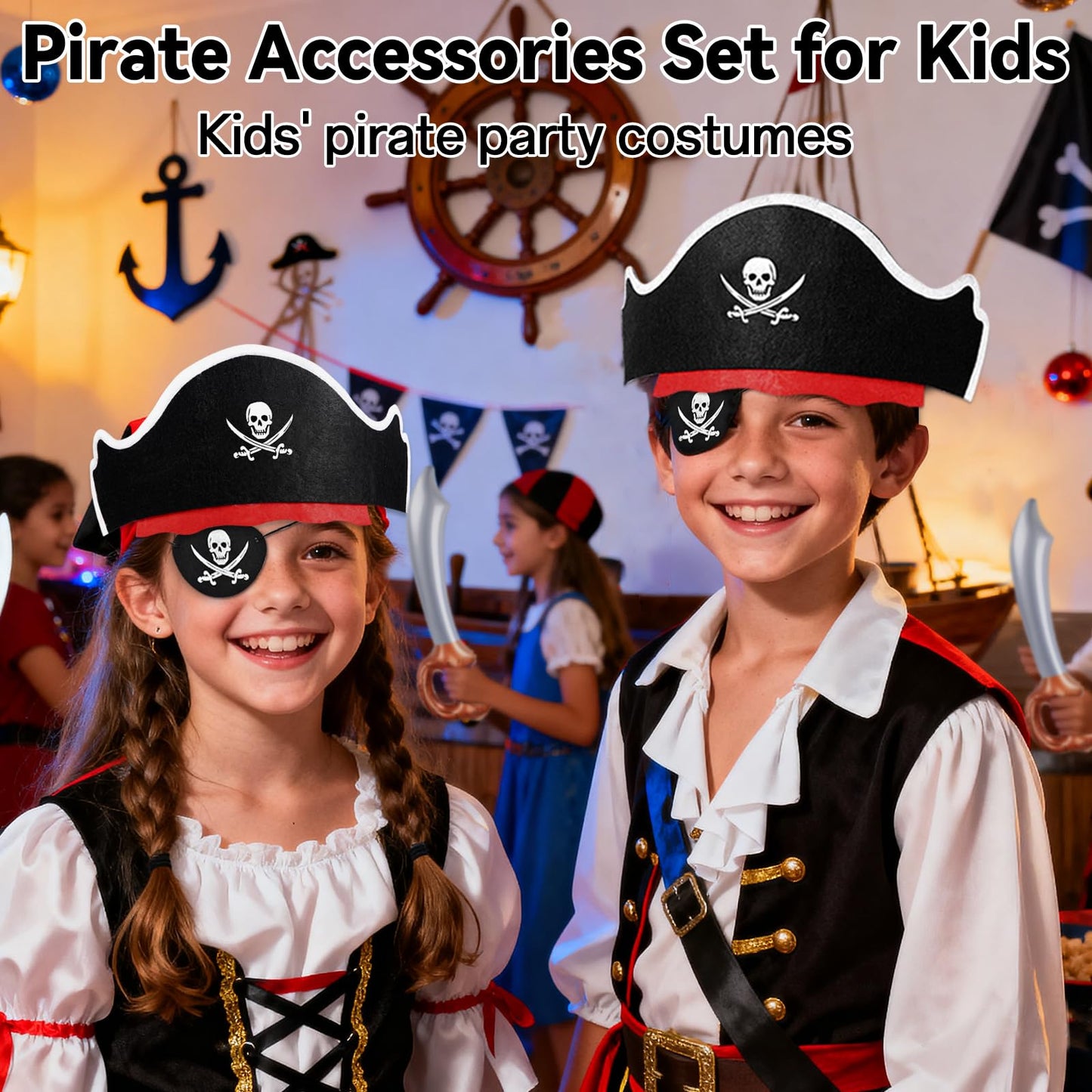 ZeeDix 18 Pcs Pirate Accessories for Kids, Include 6 Pirates Hats, 6 Eye Patches and 6 Swords, Pirate Party Decorations for Christmas, Halloween, Masquerade, Cosplay, Birthday