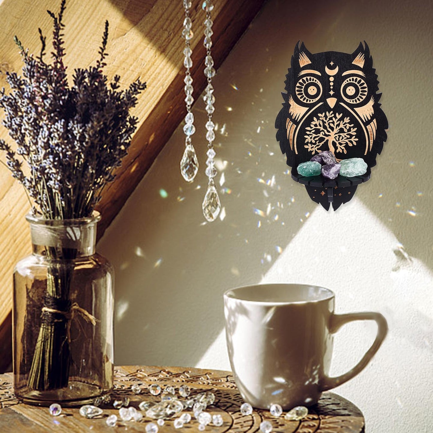 CREATCABIN Crystal Display Shelf Wooden Crystal Wall Shelves Owl Tree of Life Wall Decor Floating Holder Storage Shelf Hanging Altar Witchy Stuff for Stones Essential Oil Spiritual Gift Black 8x6Inch
