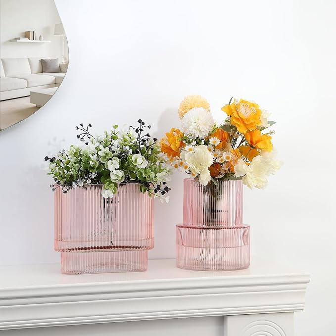 Pink Glass Vases, Set of 2 Ribbed Vases for Flowers, Pink Vase for Tulips, Modern Glass Vase for Living Room, Dining Table, Office, Entryway, Mantle, Bookshelf, Wedding Gifts