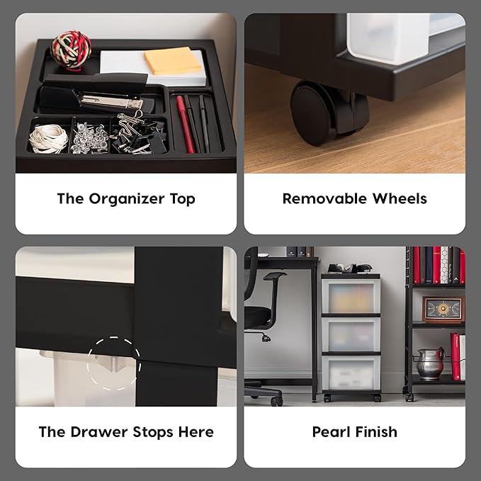IRIS USA Plastic Drawer Storage Organizer Rolling Cart, with Wheels Casters, 3-Drawers, for Classroom Art Craft Supplies Dresser Closet Bathroom Laundry Room, Black/Pearl
