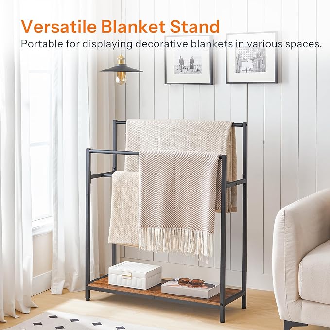 HOOBRO Extra Large Free Standing Towel Rack, 3 Tier Blanket Rack, Blanket Holder for Bathroom, 32.3" L x 11.4" W x 39.4" H, for Living Room, Bedroom, Rustic Brown and Black BF30LB01