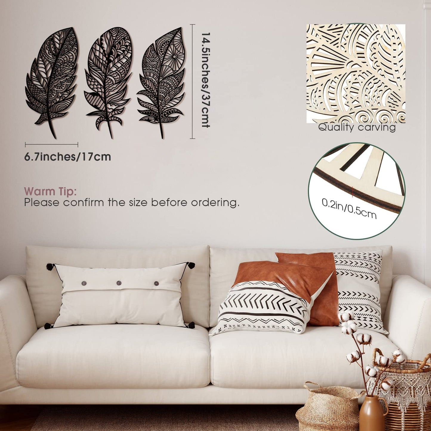 Yookeer 3 Pieces Feather Art Wall Boho Wooden Laser Cut Hanging Wall Decors Boho Wood Art Large Rustic Feather Decors Modern and Elegant Decoration for Home Kitchen(Black)