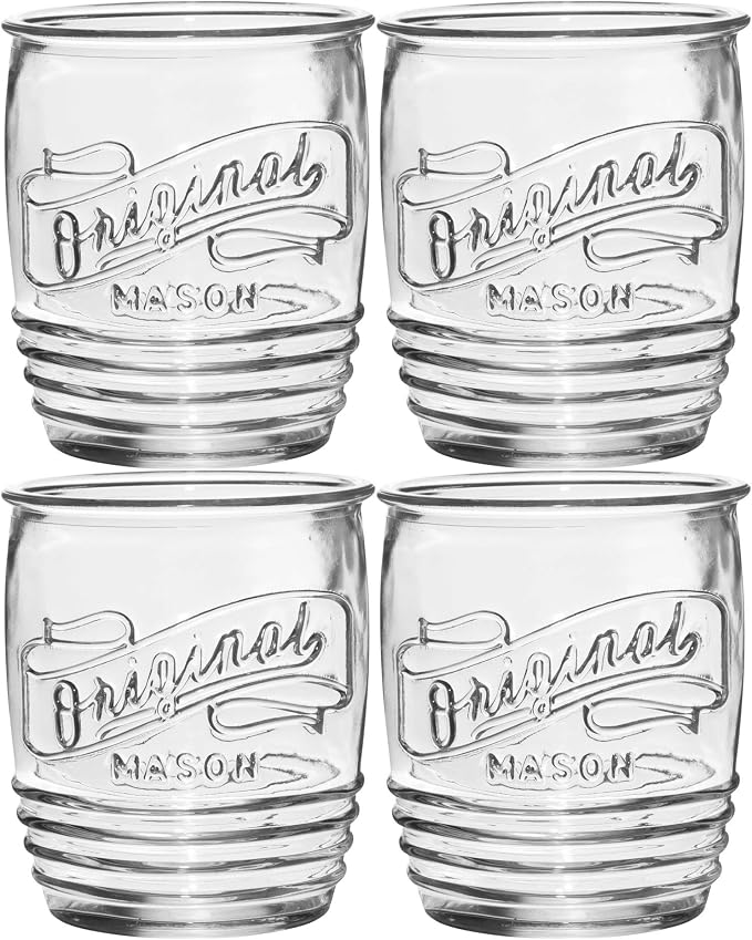 Glaver's Drinking Glasses Set of 4 Original Mason Whiskey 13 Oz Genuine Artisan-Made Vintage Italian Tumbler Glassware Set for Refreshing Drinks, Beverages, Iced Tea