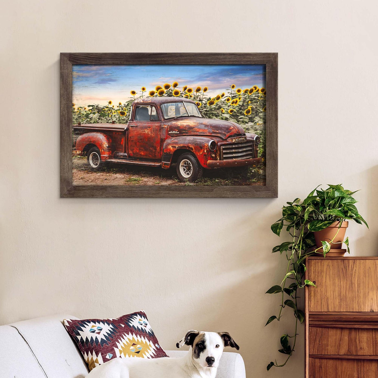 Countryside Landscape Framed Wall Art: Rustic Red Truck Painting Farm Wood Artwork Sunflower Picture Old Car Prints for Farmhouse Bedroom Decor