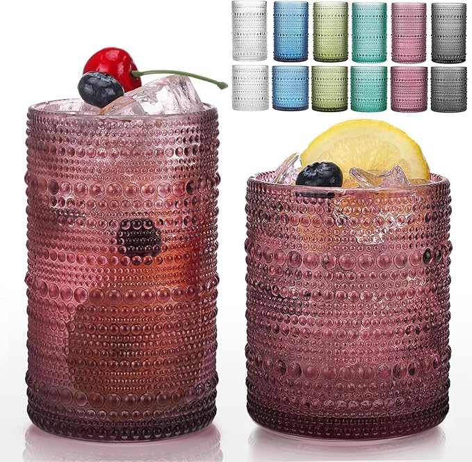 Moretoes Colored Hobnail Drinking Glasses Set of 12,Vintage Water Glass Cups Mixed Glassware, 6pcs 12oz Highballs and 6pcs 10oz Old Fashioned Glasses, Great for Cocktail, Whisky and Other Beverages