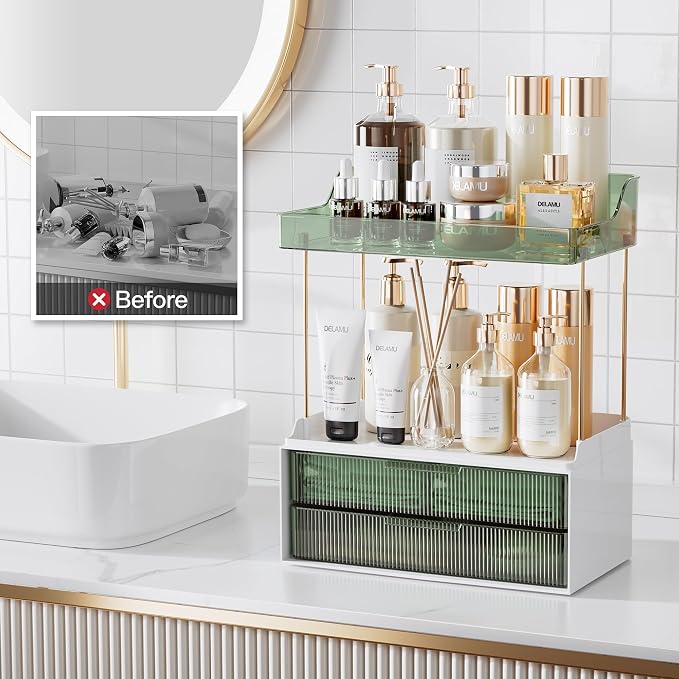 Delamu Bathroom Organizers and Storage, 2 Tier 2 Drawer Makeup Organizer Countertop, Easy to Install, Ideal for Bathroom Counter, Vanity, Ideal for Women Girls, Green