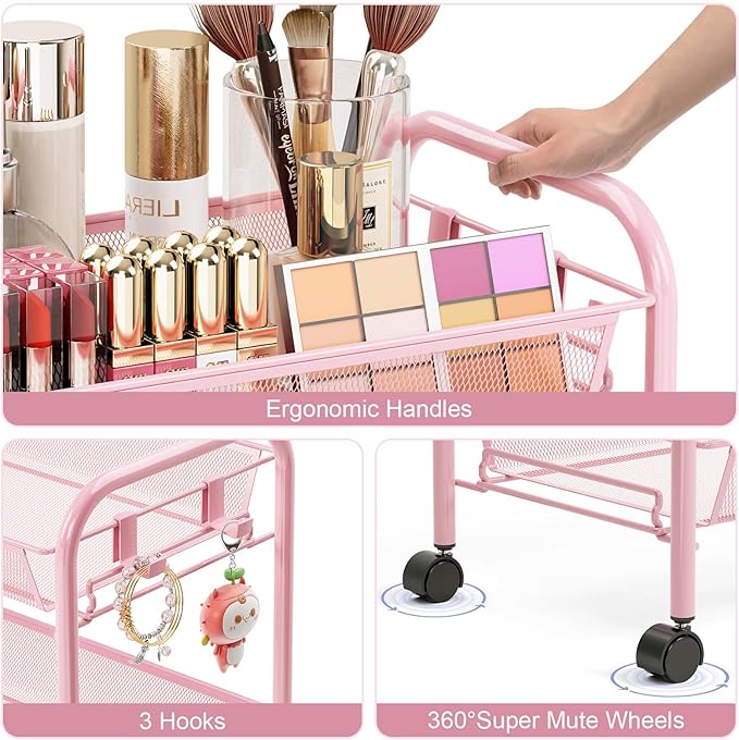 TOOLF 3 Tier Rolling Cart Pink - Metal Storage Organizer with Wheels, 33 lbs Shelf Capacity, Easy 5-Min Assembly, for Girls Room Bathroom Kitchen Office Nursery, Compact Design for Small Spaces, Pink