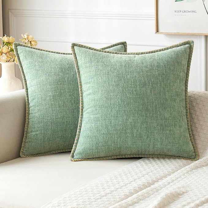MIULEE Pack of 2 Summer Throw Pillow Covers 20x20 Inch Greyish Green Farmhouse Decorative Pillow Covers with Stitched Edge Soft Chenille Solid Dyed Pillow Covers for Couch Sofa Bed Living Room