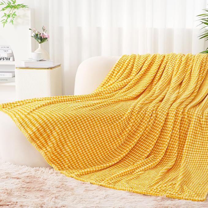 Zyrah Yellow and White Fleece Twin for Couch Super Soft Twin Blanket Plaid Lightweight Decorative Fuzzy Cozy Blankets for Sofa Chair Bed 60x80 Inches