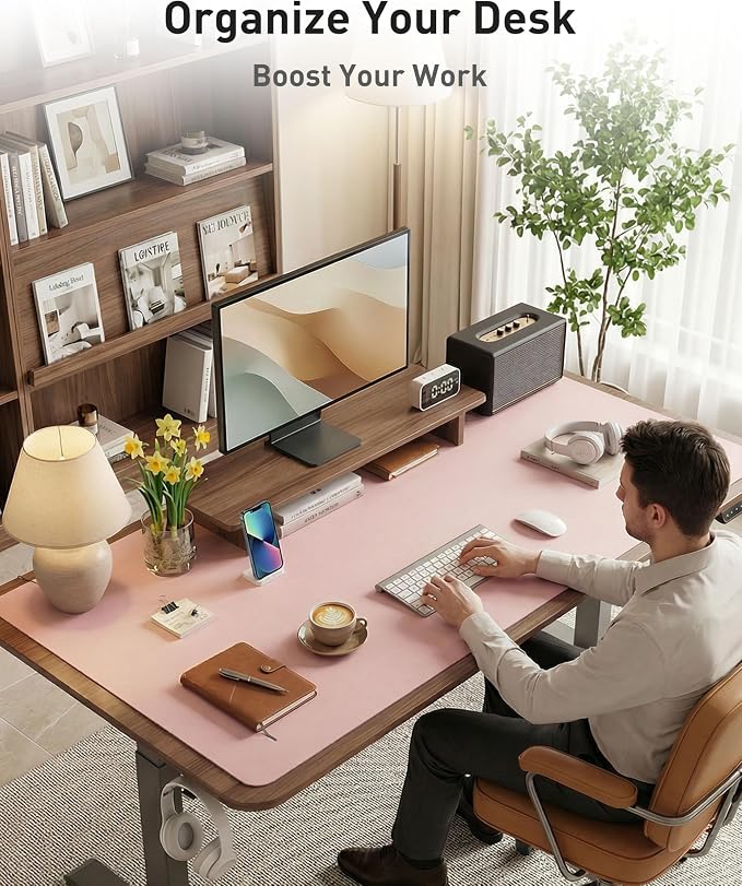 Aothia Faux Leather Desk Mat - Large Mouse Pad, Non-Slip PU Leather Blotter, Waterproof Writing Surface for Office and Home (Fairy Pink, 63" x 17")