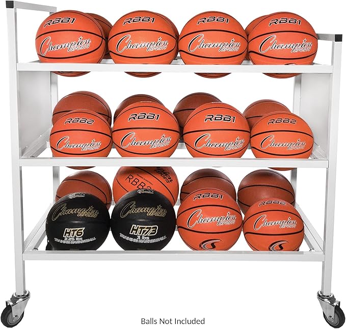 Champion Sports Deluxe Heavy Duty Basketball Storage Cart with Locking Swivel Caster Wheels (Black)