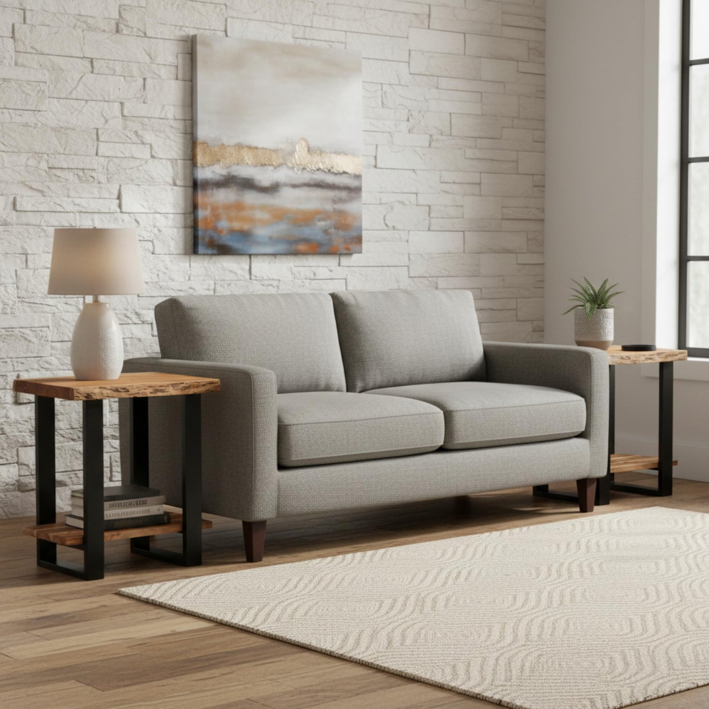 Alaterre Furniture Alpine Live Edge Modern End Table Set of 2-2-Tier Narrow Side Table Set with Open Storage Shelf - Solid Wood and Metal Modern Nightstands for Living Room or Bedroom (Natural)