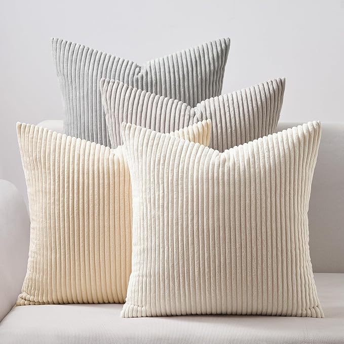 Topfinel 4 Packs Neutral Decorative Throw Pillows Covers 12x12 Inch for Living Room Couch Bed Sofa, Rustic Farmhouse Boho Neutral Home Decor, Soft Plush Striped Corduroy Square Cushion Case 30x30 cm