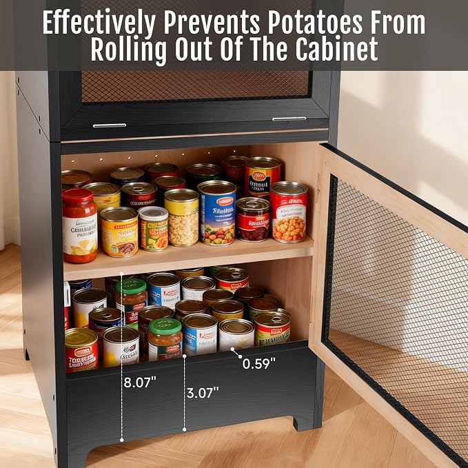 Large Potato and Onion Storage Bin - Wooden Stackable Bread Storage Box with Lid & Mesh Doors, Decorative Fruit and Vegetable Organization Cabinet for Kitchen, 15.75"W x 10.7"D x 33.5"H (Black)