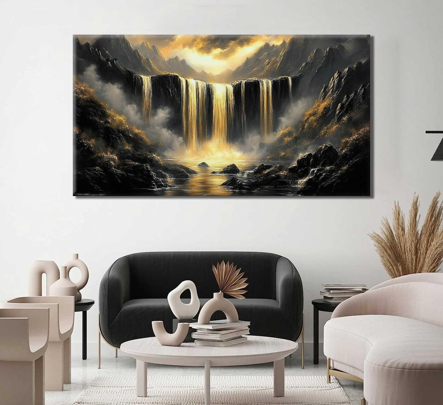 Black Gold Waterfall Canvas Wall Art Abstract Waterfall Wall Decor Mountain Art Posters Pictures for Office for Living Room bedroom Painting Prints Framed