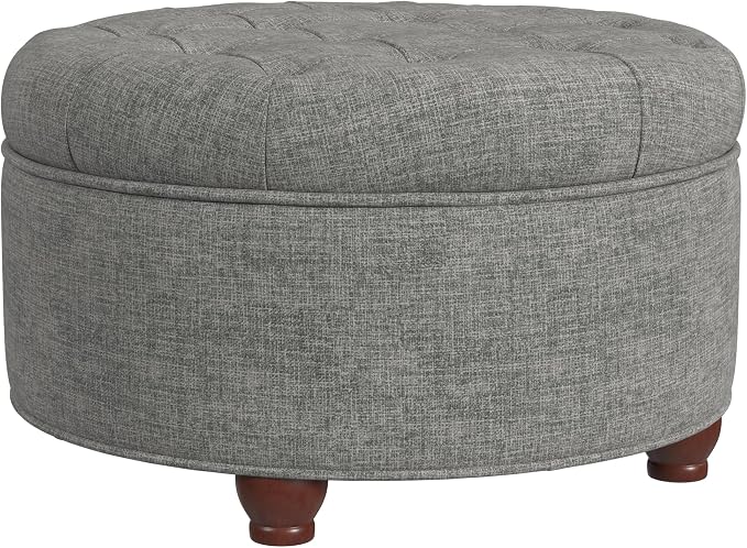 Homepop Home Decor |Button Tufted Woven Round Storage Ottoman | Ottoman with Storage for Living Room & Bedroom (Gray Woven)