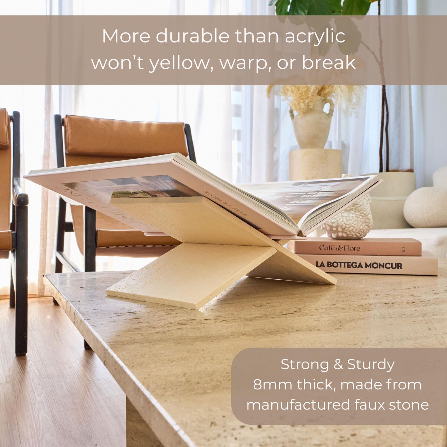Moncur Home Faux Travertine Stone Finish Resin Book Holder for Recipe Book Display Stand, Coffee Table Books, 2 Pieces Slot Together, Neutral Beige Coffee Table Decor for Large Books