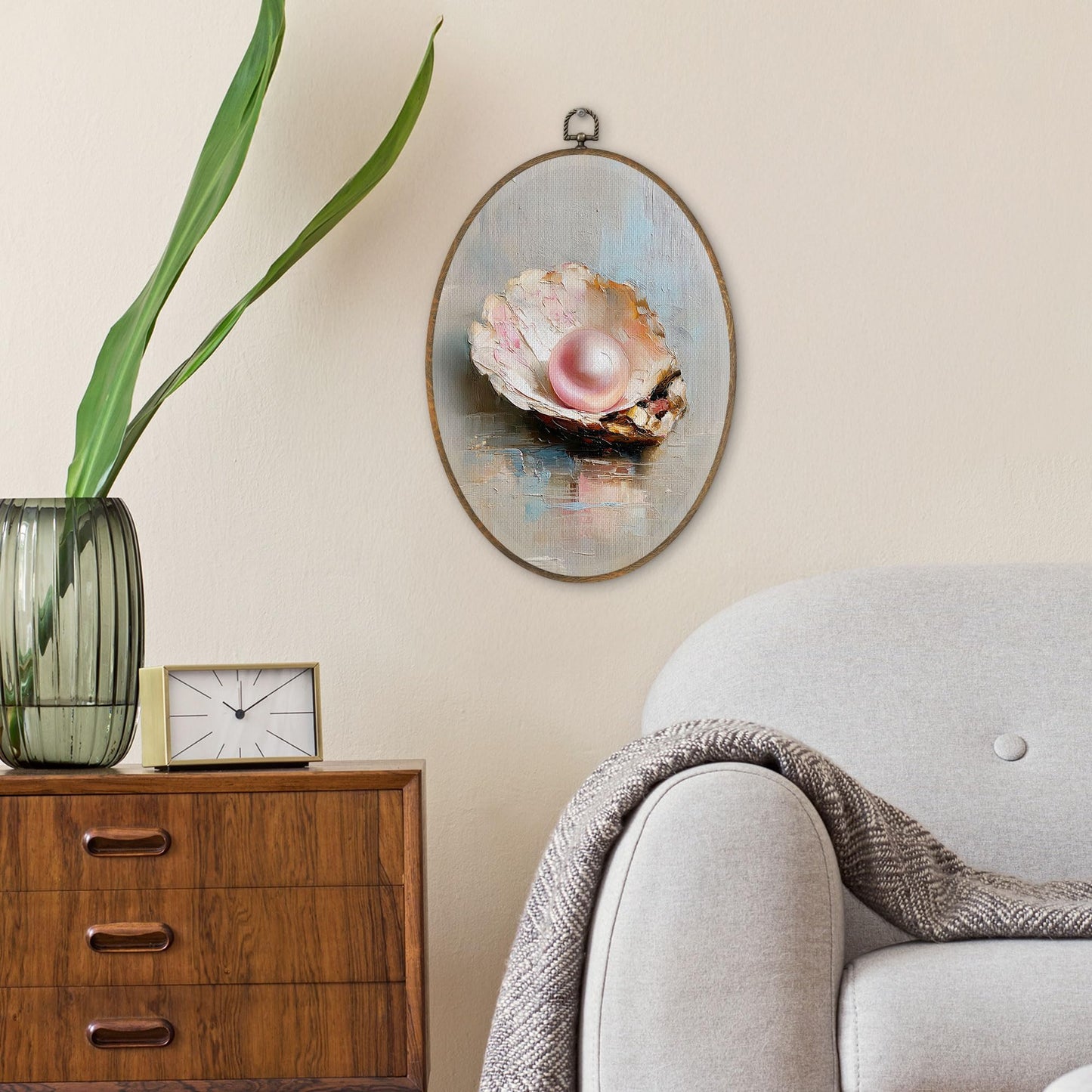 SHQIEUDH Coastal Beach Seashell Oval Wall Art, Rustic Beach House Framed Canvas Prints Artwork, Neutral Ocean Pearl Seashell Oval Wall Hanging Decor for Home Bedroom Living Room, 8.6x11.4In