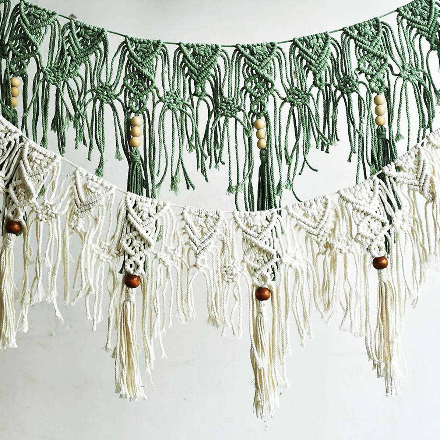 Macravine Macrame Wall Hanging Garland, Green and Cream, Bohemian Style with Wooden Beads, Handwoven Cotton Fringe Banner,44“X12.8” (Green)