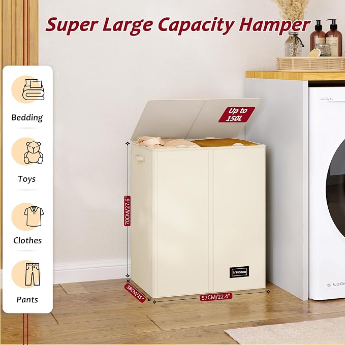 150L Laundry Hamper 2 Section, Large Laundry Hamper with Lid, Dirty Clothes Hamper with 2 Removable Inner Bags, Collapsible Laundry Basket Organizer for for Clothes Toys Towels, Hamper 2 Compartment