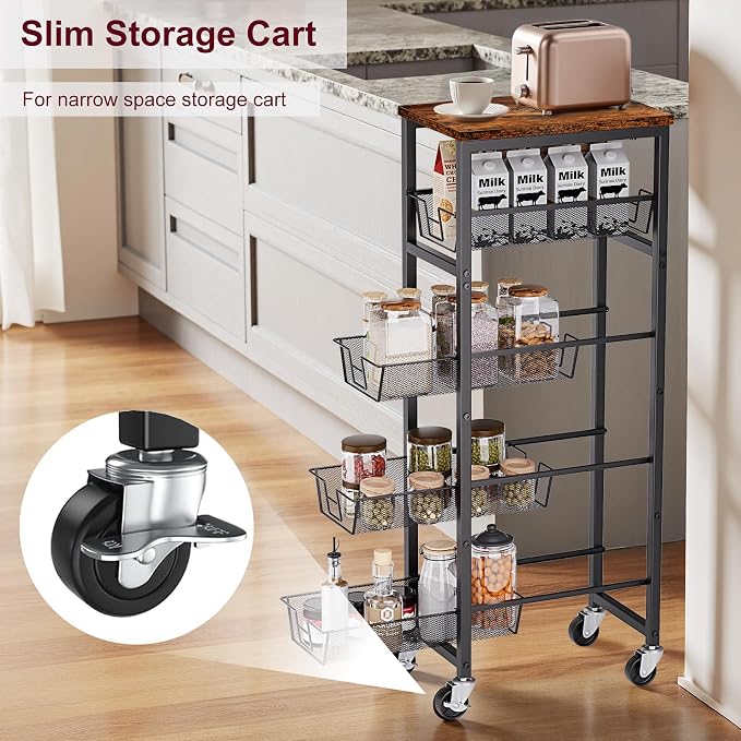 Slim Rolling Cart, 5-Tier Storage Cart, 9.1inch Narrow Kitchen Rolling Cart on Wheels for Small Space, Utility Cart Shelving Unit with Wooden Top and Metal Handle for Kitchen, Bathroom, Laundry Room