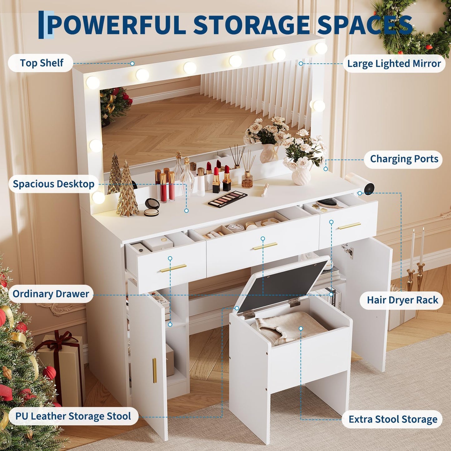 45" Vanity Desk with Large Mirror and Lights, Makeup Vanity Desk with 3 Color Lighting, 3 Drawers, 2 Cabinets, Power Outlets, Hair Dryer Rack, White Dressing Table Set with Hidden Storage Stool