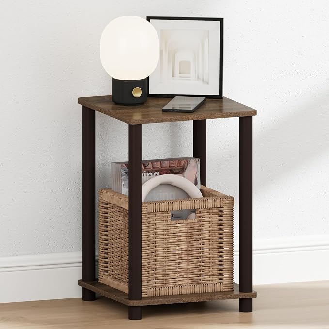 Furinno Turn-N-Tube Night Stand, 2-Tier Open Shelf Design Nightstand, Toolless Square Bedside Table, End Table, Side Table, for Bedroom, Closet, Dorm, Walnut