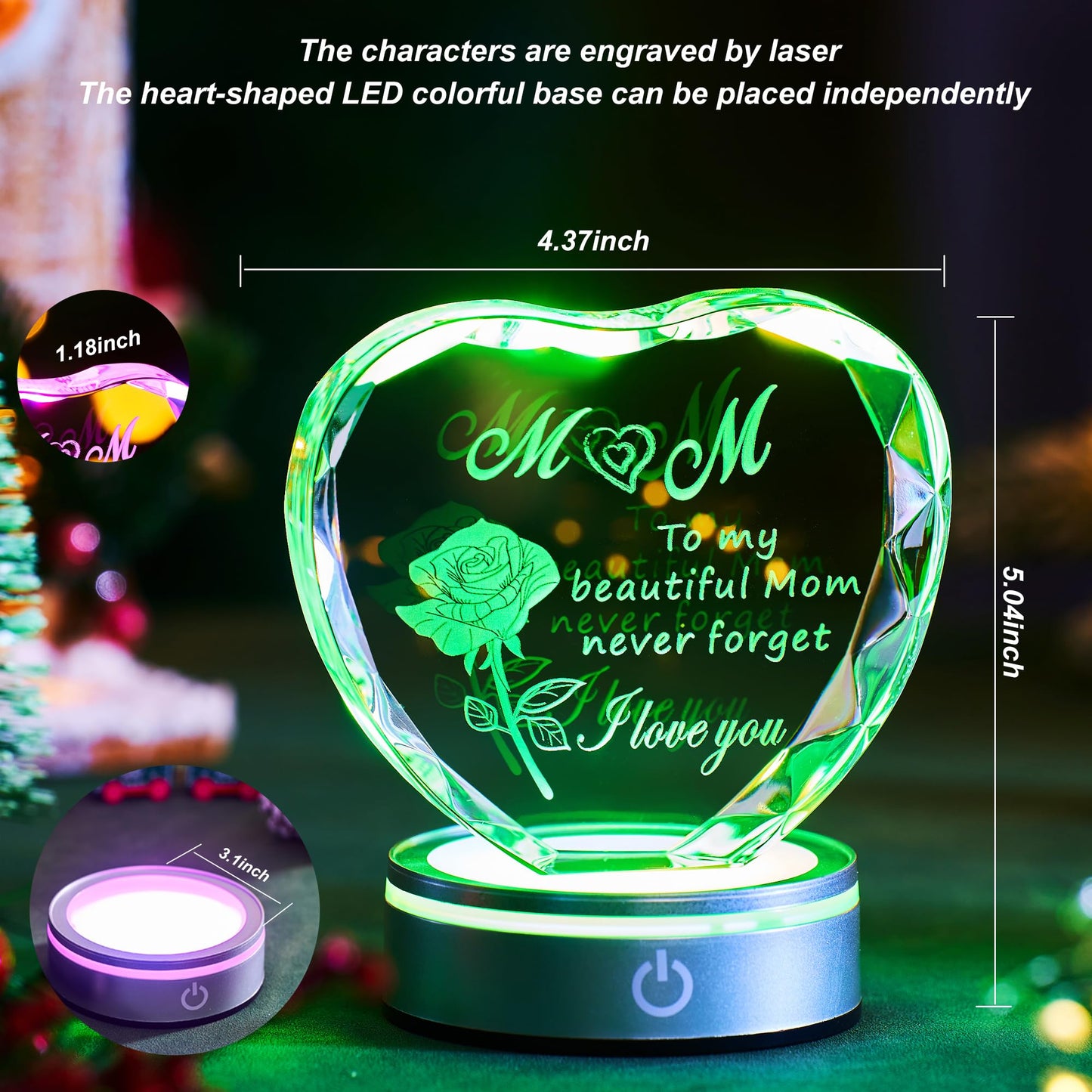 Ghtixsu Heart Shaped Crystal Plaque for Mom, Laser Engraved Gift with Color Changing LED Light Base, Mothers Day Birthday Christmas Gift from Daughter Son