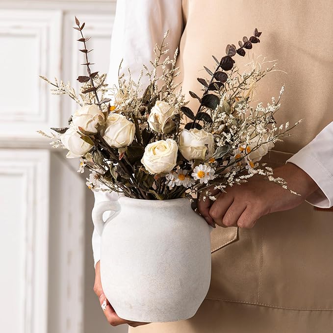 Ceramic Flower Vase Home Decor - Farmhouse Rustic White Table Vases with Handle Living Room Decoration Decorative Vintage Pottery for Kitchen Shelf Coffee Dining Desk Bookshelf Fireplace (6" Rustic)