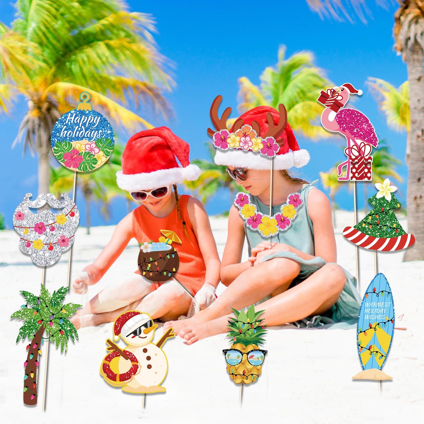 25-Piece Funny Tropical Christmas Photo Booth Props Kit - Beach Santa Holiday Party Supplies for Adults, Hawaiian Luau, Holiday Beach Party Decorations with Sticks & Stickers