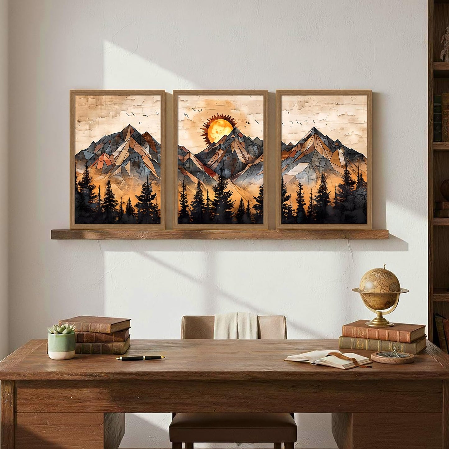 soonkiss Warm Tone Geometric Mountain Wall Art Set of 3, Abstract Sunset Forest Canvas Prints, Boho Nature Wall Decor for Living Room Bedroom Office 12x16 Inch