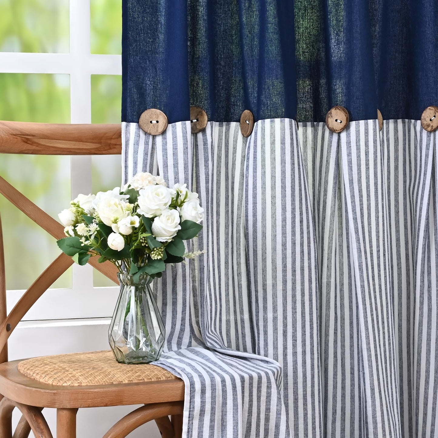 ASPMIZ Cotton Linen Farmhouse Curtains for Living Room, Boho Rustic Button Window Curtain Panels, Blue Striped Curtains for Bedroom, Country Back Tab Modern Drapes for Windows 52 x 84 Inch 2 Panels