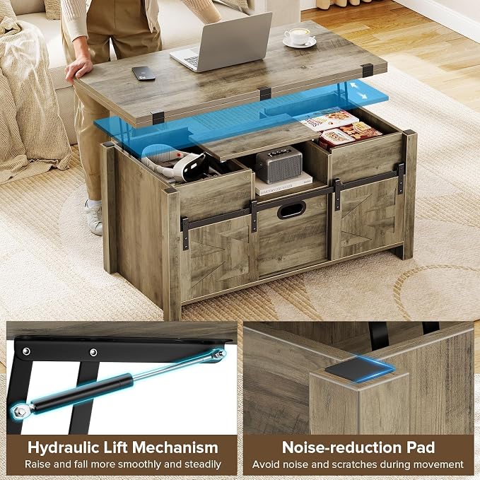 Memobarco 40" Farmhouse Lift Top Coffee Table with Sliding Barn Door,4 in 1 Multi-Function Coffee Tables with Storage Drawers & Hidden Compartment,Converts to Dining Table for Living Room,Grey