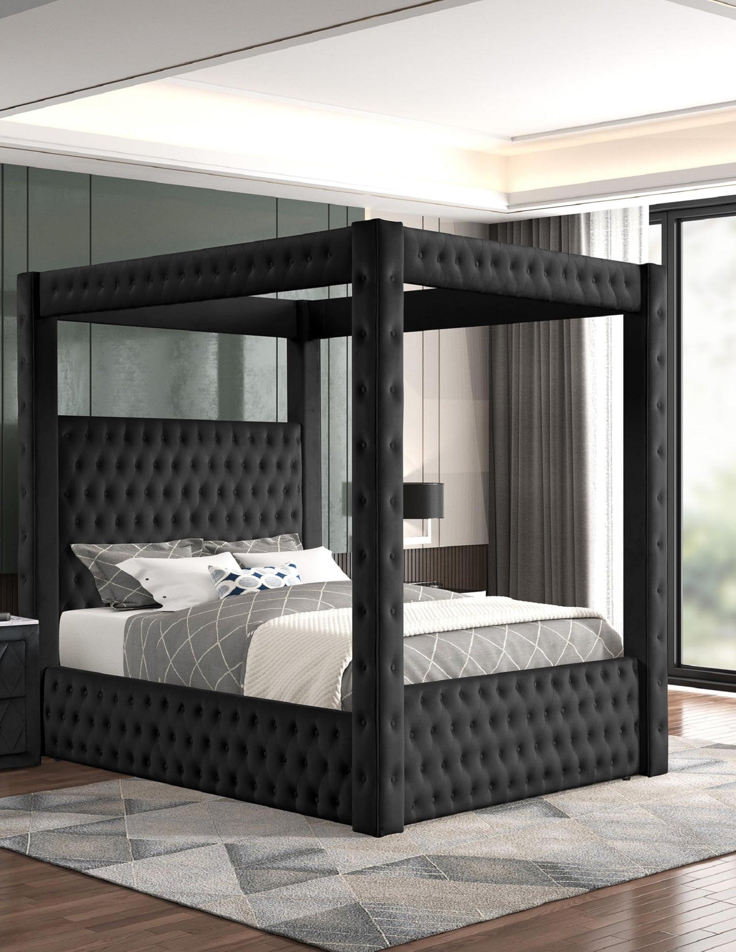 Wirktive Velvet Canopy Bed Frame King - Upholstered Four Poster Bed Frame with Tufted Headboard and Footboard, Luxury Bed Frame with Wood Slats for Bedroom Furniture, Box Spring Required, Black