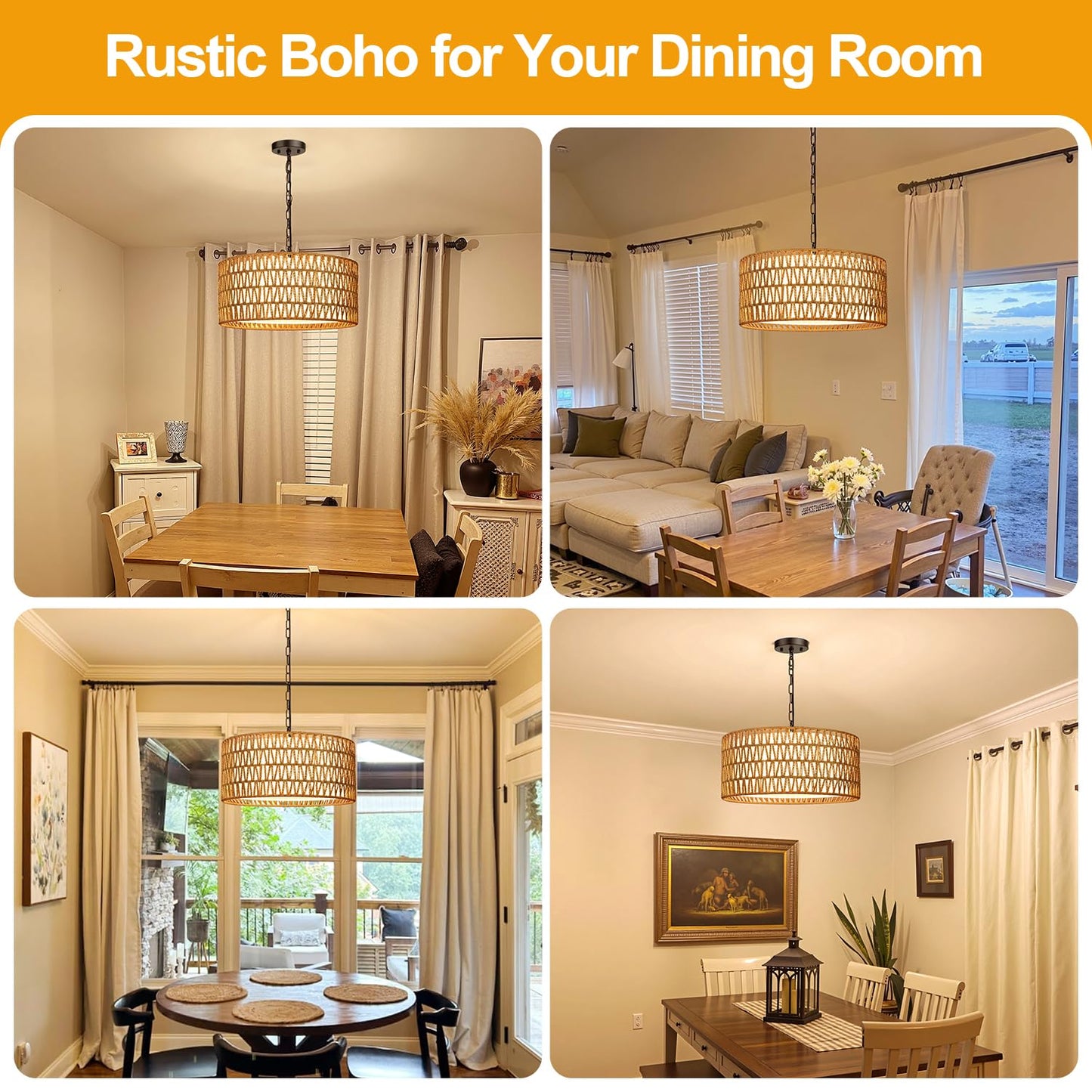 Farmhouse Chandelier Light Fixture, 5-Light Rattan Boho Chandeliers for Dining Room, Hand Woven Pendant Light with Linen Shade, Rustic Hanging Lighting for Kitchen Island, Bedroom (Bulb Not Included)