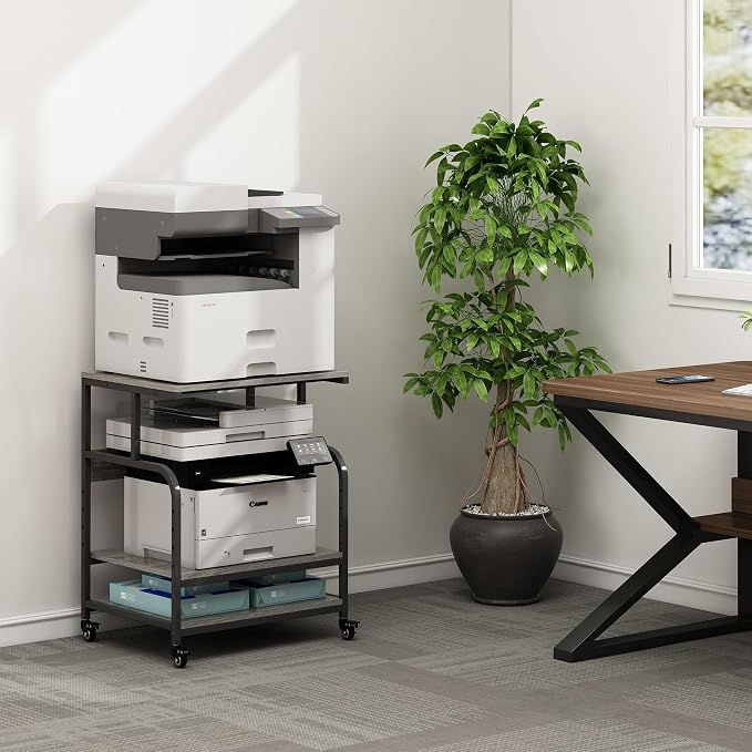 Fannova Large Printer Stand Table 23.6 x18.9 x 30 Inches with Height Adjustable Storage Shelf, 3 Tier Rolling Printer Cart with Wheels for Home Office, Gray