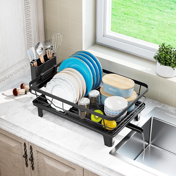 Urackify Dish Drying Rack for Kitchen Counter, Sink Dish Rack with Drainboard 12.2" W x 16.5" L, Large Dish Drainer with Cutlery Holder, Home Countertop Plate Dryer Storage Rack, Black