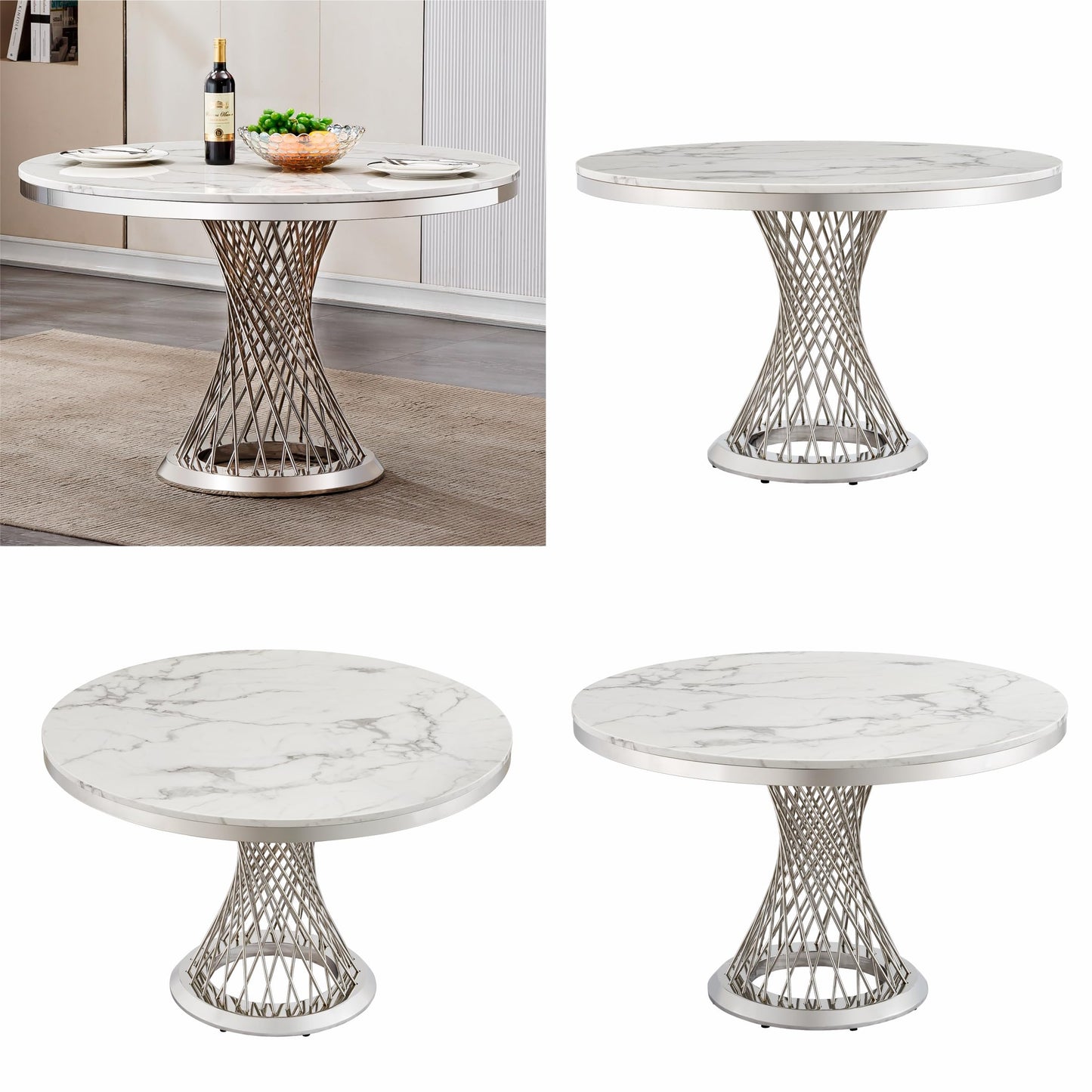 GlyphForm 47" Round Faux Marble Dining Table for 4 to 6, Luxury Modern White Kitchen Table with Silver Stainless Steel Spiral Base Frame,easy to clean Heavy Duty Dining Room Table for Home Office,MDF