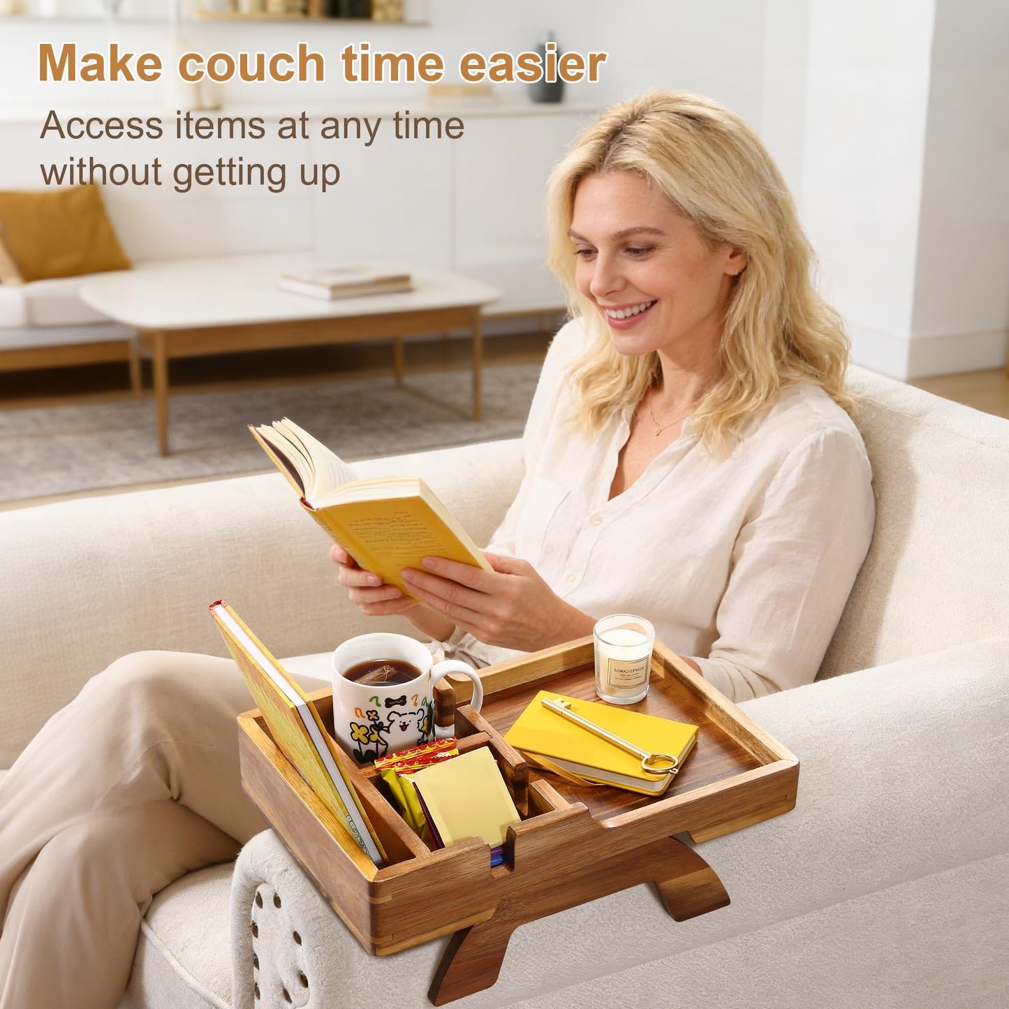 Acacia Wood Couch Arm Tray, 15.35"x9.85" Couch Armrest Table with Cup Holder, Foldable Desktop for Dual Use Sofa Arm Tray, with Non-Slip Feet