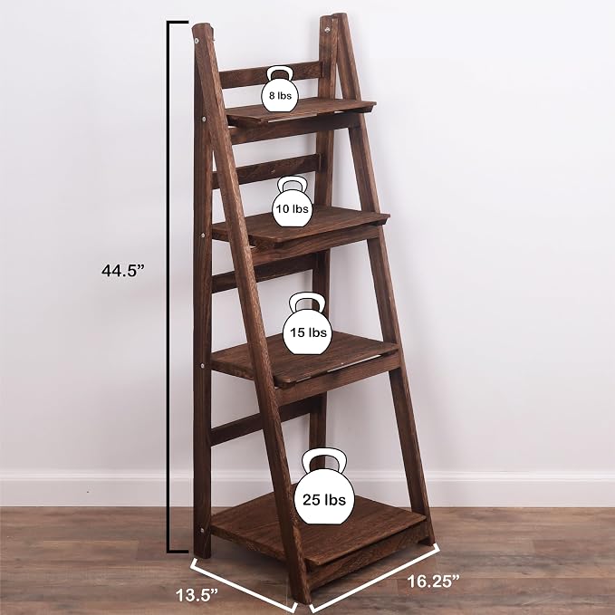 Ladder Shelf - Wooden Ladder Bookshelf - Leaning Bookshelf - Rustic Bookcase - Folding Bookcase (Dark Brown Ladder Shelf)