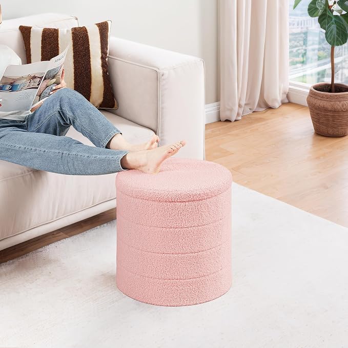 PINPLUS Round Storage Ottoman Foot Rest Stool with Tray Velvet Sherpa Folding Storage Ottoman,Boucle Foot Rest for Living Room, Bedroom, Dorm,Pink Color