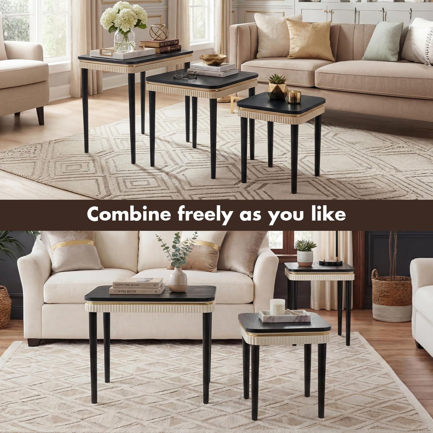 Hyfirm Black Side Table End Table Nesting Tables Set of 3, Retro Nesting Tables with Veneered Top & Gold Trim, Mid Century Modern Nesting Wood Coffee Tables for Living Room/Bedroom/Apartment
