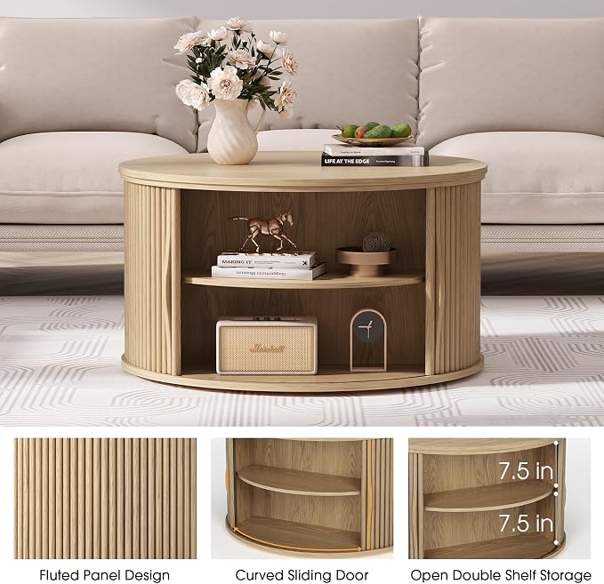 JOINICE 31.5" Round Lift Top Coffee Table,Natural Oak Modern Fluted Drum Center Table with Hidden Storage, Japandi Scandi Wood Circle Desk for Boho Living Room & Apartment