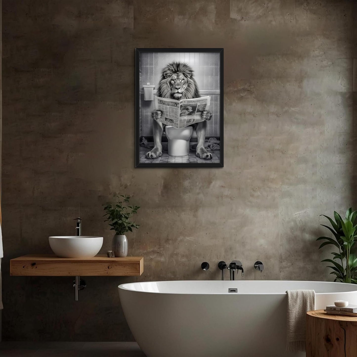 Funny Lion Bathroom Wall Art, Black and White Lion in Toilet Wall Decor, Humorous Animal Restroom Poster Canvas Painting Prints Artwork 8x10 inch Framed