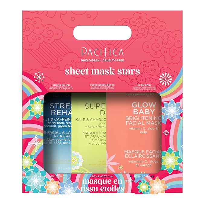 Pacifica 3-Pack Face Sheet Mask Variety Set ??Brightening Vitamin C, Green Detox & Stress Rehab Hydrating Masks for Glowing Skin, Holiday Beauty Gift for Women Teens Girls, Vegan Clean Skincare