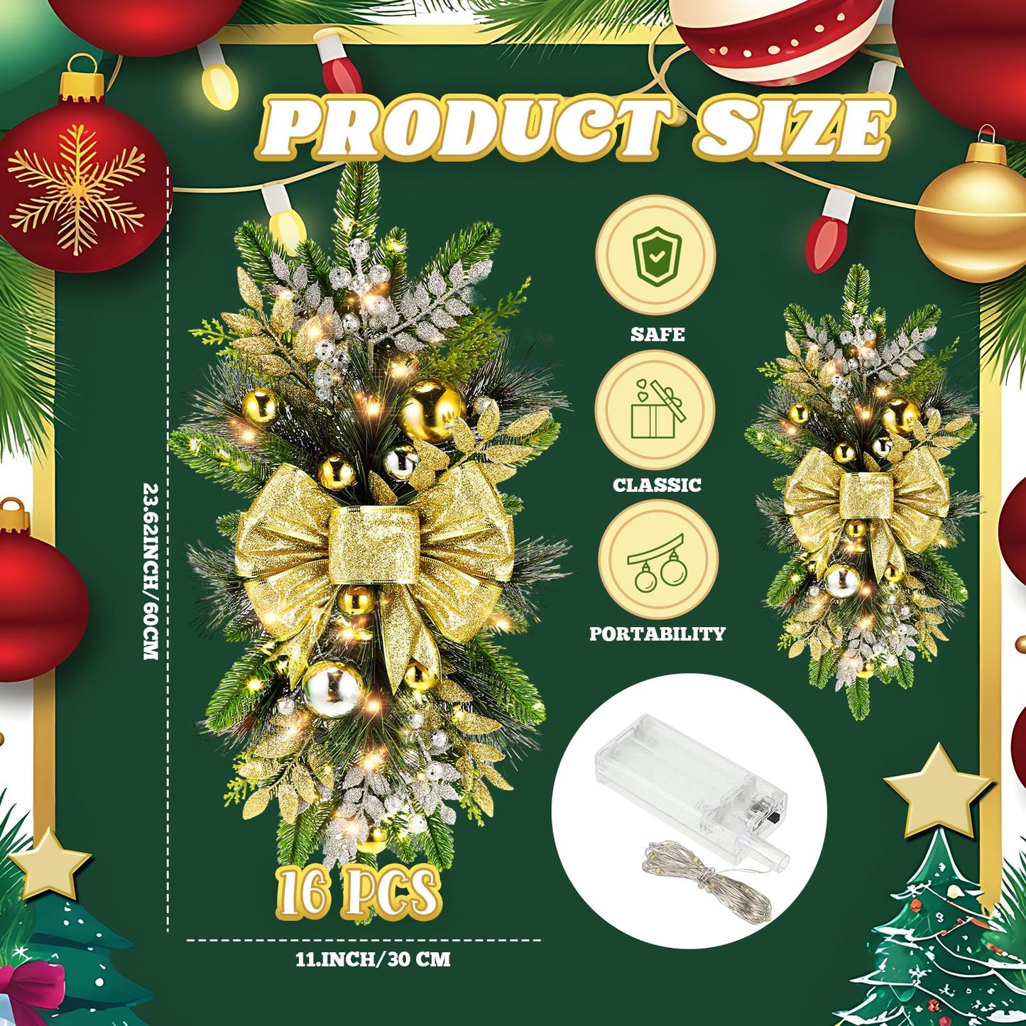 Lyrow 16 Pack Christmas Artificial Swags 24 Xmas The Cordless Prelit Stairway Swag Teardrop Trim Wreath Door Stair Garland Christmas Decoration for Outdoor Home Garden Decor (Rustic Style,Gold)